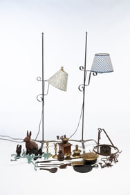 ECLECTIC METALWARE COLLECTION, INCLUDING BRIDGE-ARM FLOOR LAMPS.