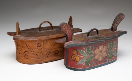 TWO SCANDINAVIAN PAINT-DECORATED BENTWOOD BRIDE'S BOXES WITH TINES.