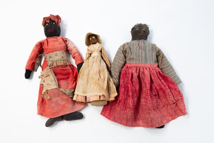 THREE AMERICAN FOLK ART BLACK CLOTH DOLLS, ONE A BOTTLE DOLL.