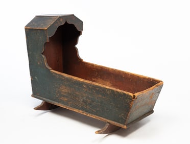 AMERICAN GREEN-PAINTED PINE HOODED CRADLE.