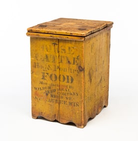 WILBUR SEED MEAL COMPANY (MILWAUKEE, WISCONSIN) YELLOW-PAINTED PINE GENERAL STORE ADVERTISING BIN.