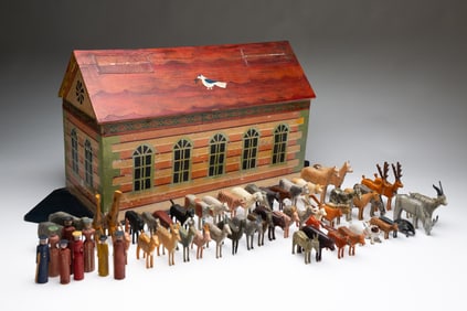 GERMAN PAINTED NOAH'S ARK WITH CARVED AND PAINTED ANIMALS.