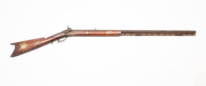 AMERICAN TIGER MAPLE HALF-STOCK RIFLE WITH GERMAN SILVER INLAY.
