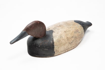 MICHIGAN CARVED AND PAINTED HOLLOW-BODY CANVASBACK DRAKE DECOY.