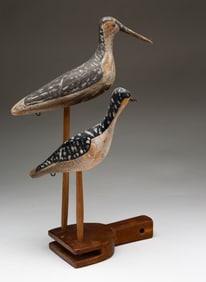 TWO AMERICAN CARVED AND PAINTED SHOREBIRD DECOYS.