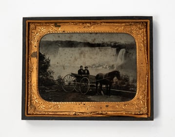 AMERICAN HALF-PLATE AMBROTYPE OF NIAGARA FALLS WITH MEN, HORSE, AND CARRIAGE.