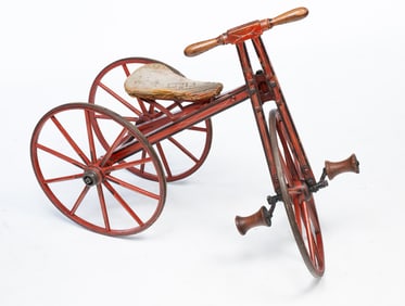 WONDERFUL AMERICAN PAINTED WOOD AND CAST IRON CHILD'S VELOCIPEDE TRICYCLE.