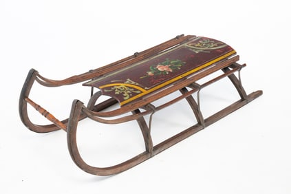 AMERICAN IRON-MOUNTED AND PAINT-DECORATED OAK AND PINE SLED.