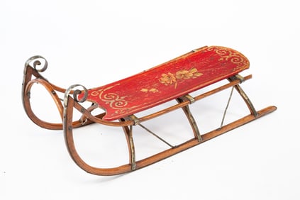 AMERICAN PAINTED AND DECORATED WOOD AND STEEL SLED.