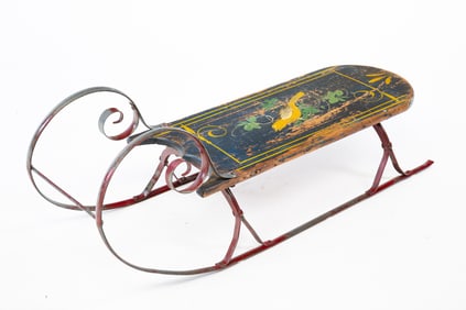 AMERICAN PAINTED AND DECORATED PINE AND STEEL SLED.