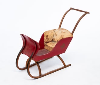 AMERICAN CHILD'S PAINTED AND UPHOLSTERED PUSH SLEIGH.
