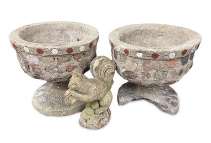 THREE AMERICAN CAST CEMENT YARD ORNAMENTS.