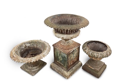 THREE AMERICAN CAST IRON GARDEN URNS, INCLUDING C.E. WALLBRIDGE (BUFFALO, NEW YORK).