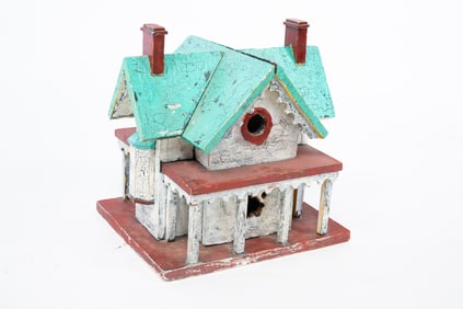 AMERICAN FOLKSY PAINTED PINE ARCHITECTURAL BIRD HOUSE.