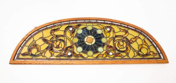 AMERICAN COLORED AND LEADED GLASS ARCHITECTURAL HALF-ROUND WINDOW PANEL.