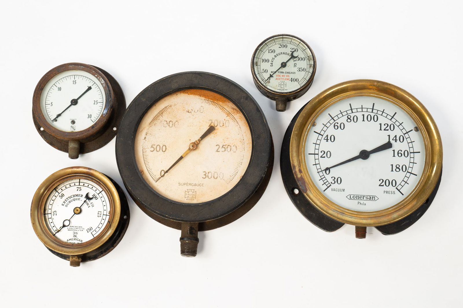 GROUP OF FIVE AMERICAN STEAM GAUGES. (1 of 6)