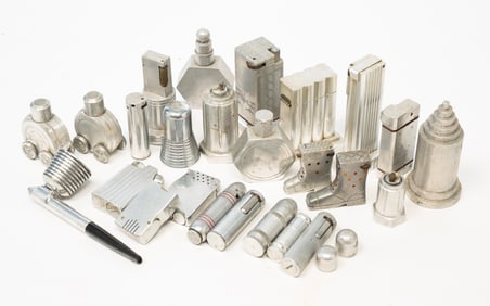 COLLECTION OF TWENTY-FOUR ALUMINUM LIGHTERS AND A PIPE.