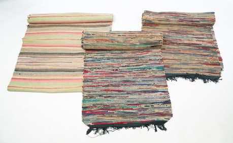 THREE POLYCHROME RAG RUG RUNNERS.