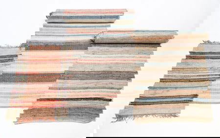 TWO AMERICAN POLYCHROME RAG RUG RUNNERS AND A WOVEN SCATTER RUG.