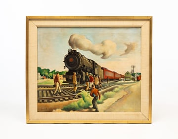 DANIEL RALPH CELANTANO (NEW YORK, 1902-1980) OIL ON CANVAS OF APPROACHING TRAIN WITH FIGURES.
