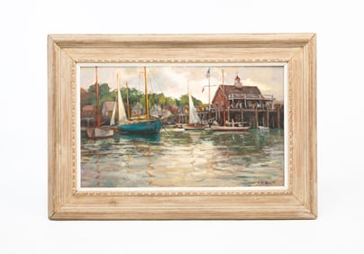 ARNOLD WHITMAN KNAUTH II (AMERICAN, 1918-2017) OIL ON BOARD OF A MARINA.