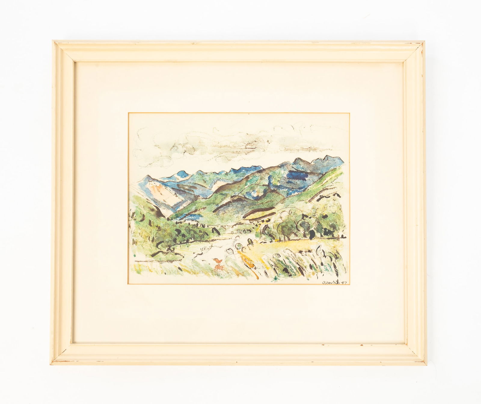 JOHN MARIN (AMERICAN, 1870-1953) COLLOTYPE LANDSCAPE.: American, Mid 19th Century. Colloptype on paper. A mountainous landscape with a stream and foliage to the foreground. Signed and dated in plate at bottom right. In a painted wood frame behind glass. S
