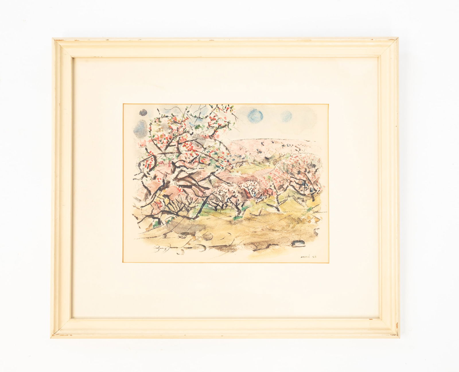 JOHN MARIN (AMERICAN, 1870-1953) COLLOTYPE LANDSCAPE.: American, Mid 19th Century. Collotype on paper. A mountainous landscape with a stream and foliage to the foreground. Signed and dated in plate at bottom right. In a painted wood frame behind glass. Pa