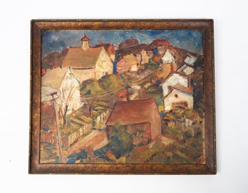 IMPRESSIONISTIC OIL ON BOARD OF CITYSCAPE.