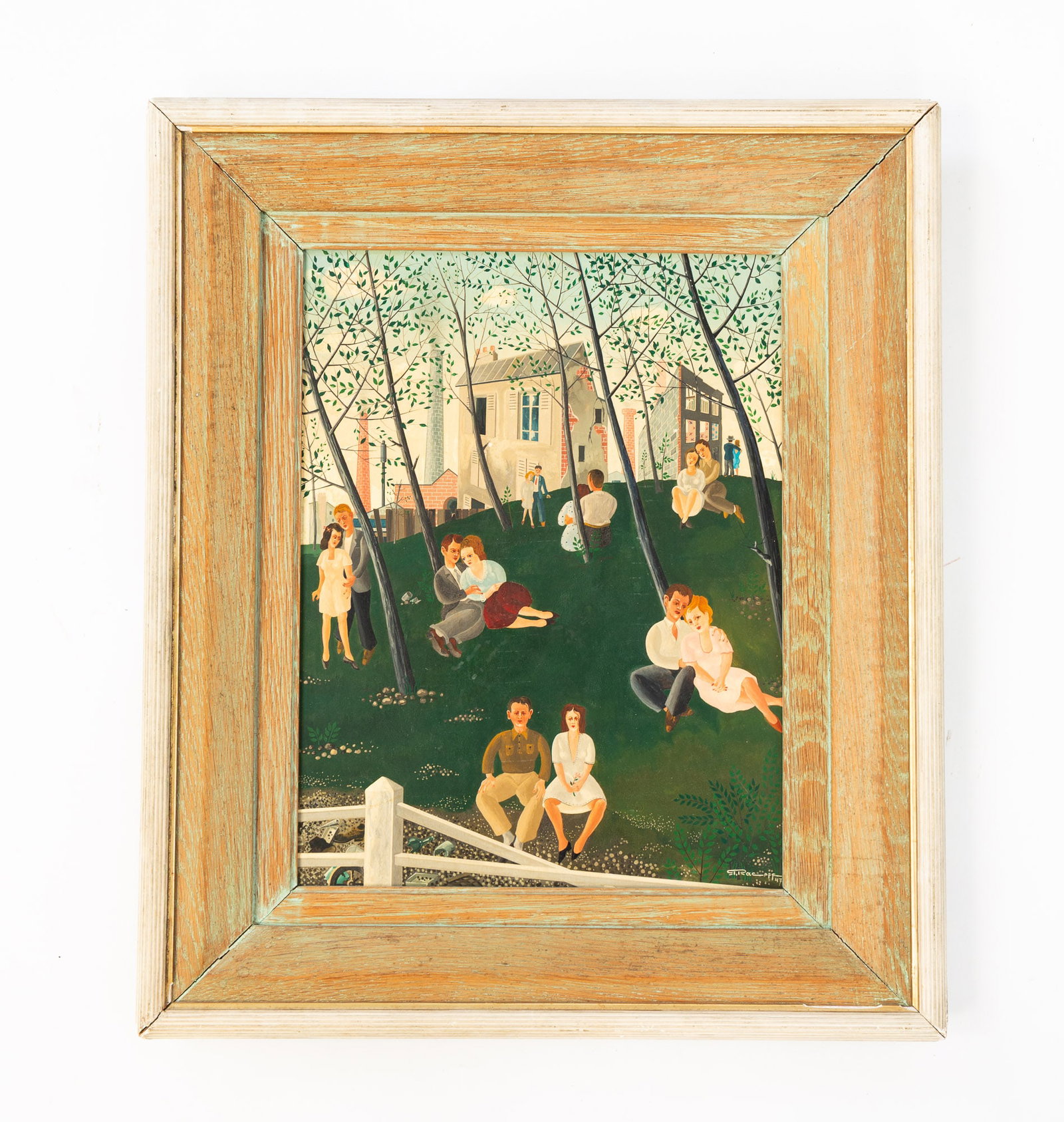 RATISLAW RACOFF (FRANCE AND RUSSIA, 1904-1982) OIL ON BOARD.: European, Fourth quarter 19th Century. Oil on board. View of couples sitting together on a grassy hill with buildings and smokestacks to the background. Signed and dated lower right. In a painted wood