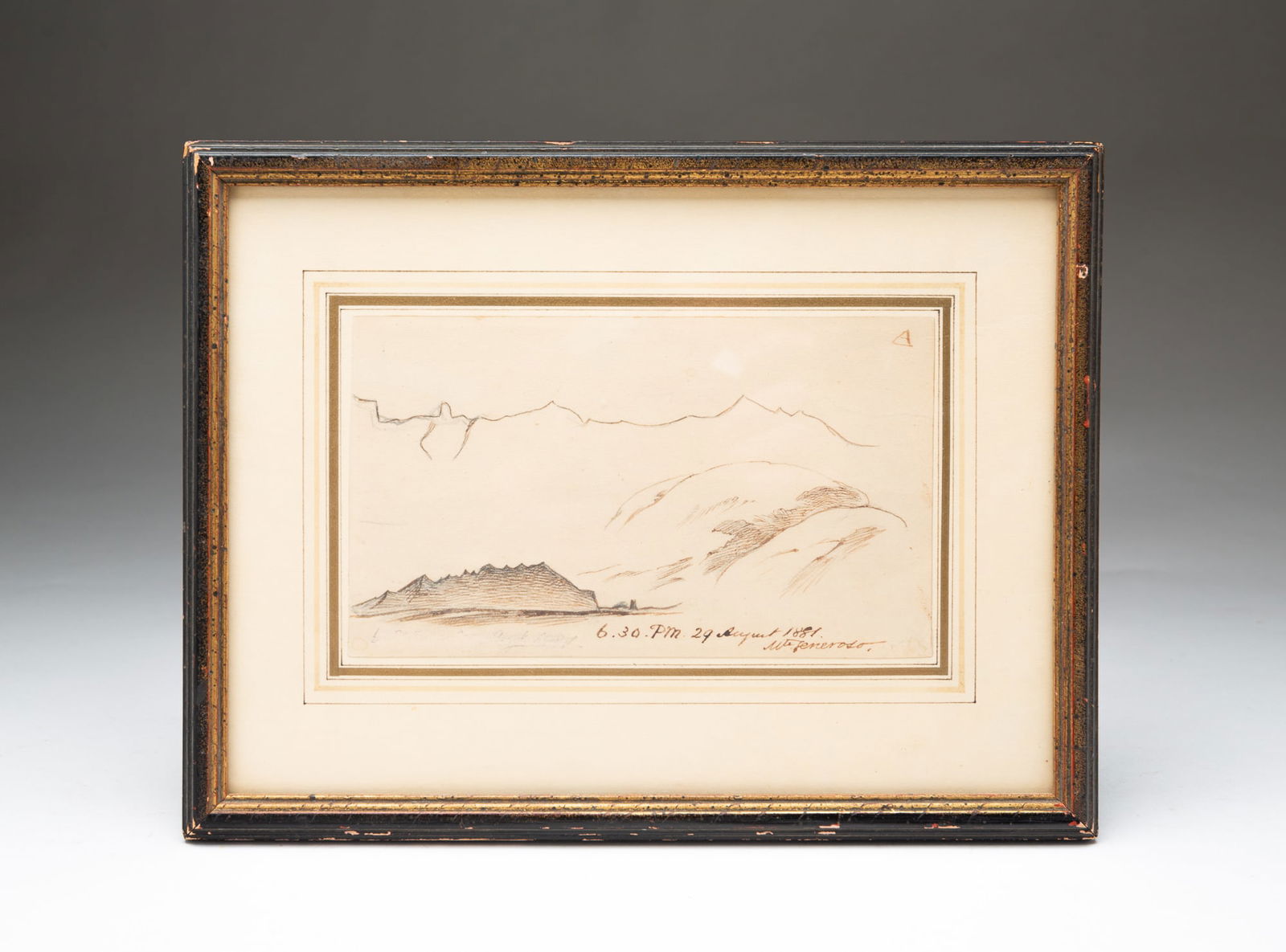 ATTRIBUTED TO EDWARD LEAR (ENGLISH, 1812-88) INK DRAWING ON PAPER.: Attributed to Edward Lear (English, 1812-88), dated 1881. Ink on paper. Minimalist drawing of the mountains. With notation "6.30. PM. 29 August 1881, Mt. Penieroso (sic?)." In a painted and gilt frame