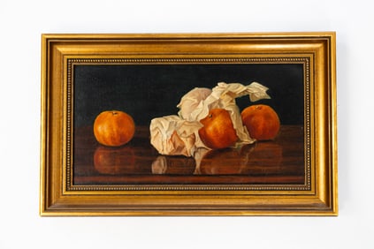 IDA F. PULIS LATHRAP (ALBANY, NEW YORK, 1859-1937) OIL ON CANVAS STILL LIFE OF ORANGES WITH PAPER