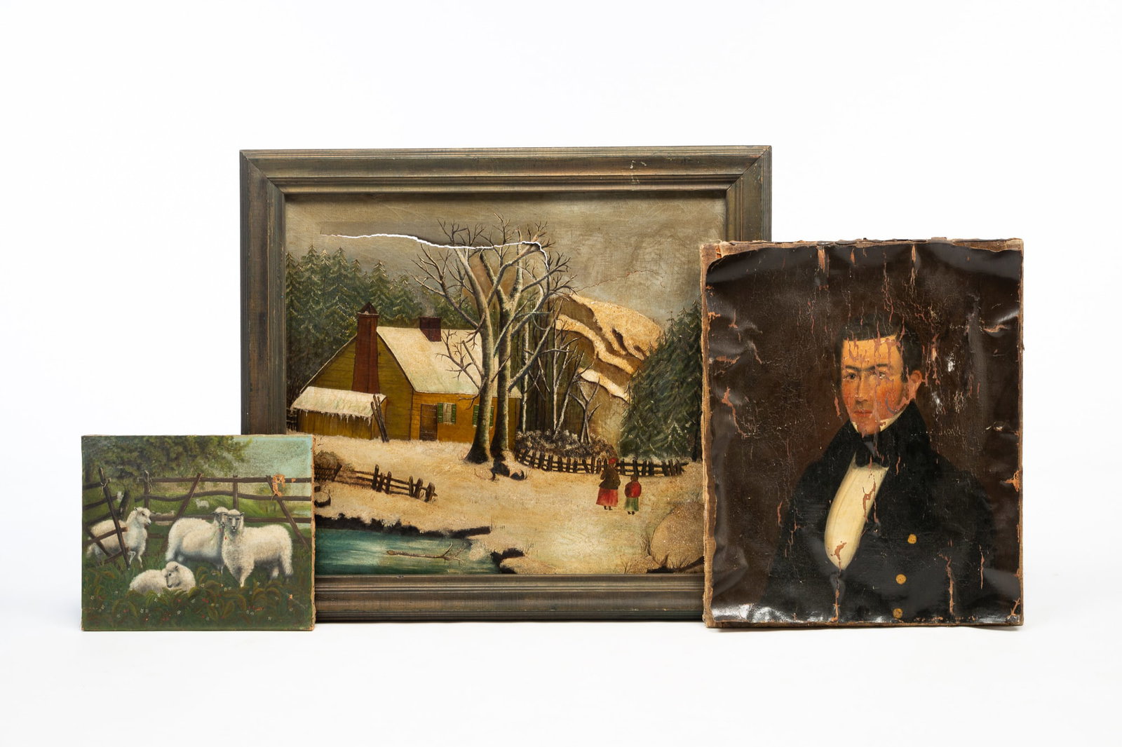 THREE AS-IS PRIMITIVE PAINTINGS. (1 of 6)