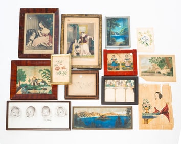 ECLECTIC GROUP OF THIRTEEN PAINTINGS AND PRINTS.
