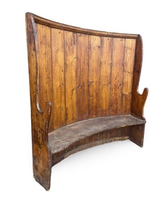 ENGLISH PINE FIRESIDE HIGH-BACK BENCH.