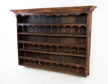FRENCH OAK HANGING OPEN PEWTER CUPBOARD.