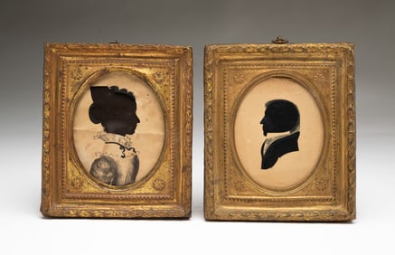 TWO AMERICAN HOLLOW-CUT AND WATERCOLOR SILHOUETTES.
