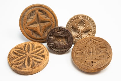 FIVE AMERICAN BUTTER PRINTS OR STAMPS.