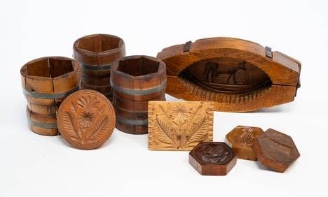SIX AMERICAN CASED BUTTER MOLDS OR PRINTS.
