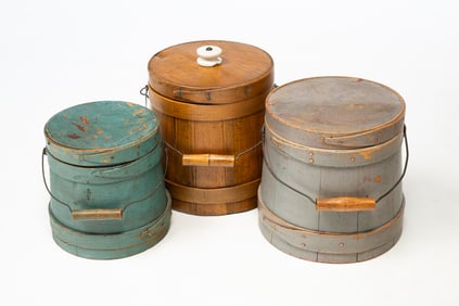 THREE FIRKIN WITH WIRE BALE HANDLES.