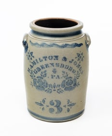 HAMILTON & JONES (GREENSBORO, PENNSYLVANIA) COBALT DECORATED STONEWARE JAR.