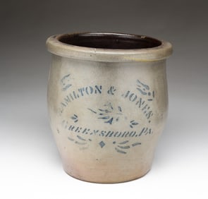 HAMILTON & JONES (GREENSBORO, PA) DECORATED STONEWARE CREAM POT.