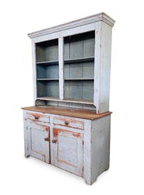 AMERICAN BLUE-PAINTED STEPBACK CUPBOARD.