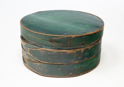 LARGE PAINT DECORATED STAVE CONSTRUCTED LIDDED BOX.