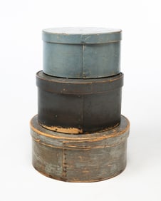 THREE PAINT DECORATED BENTWOOD PANTRY BOXES.