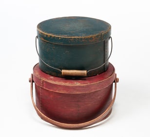 TWO AMERICAN PAINT-DECORATED BENTWOOD CARRIERS.