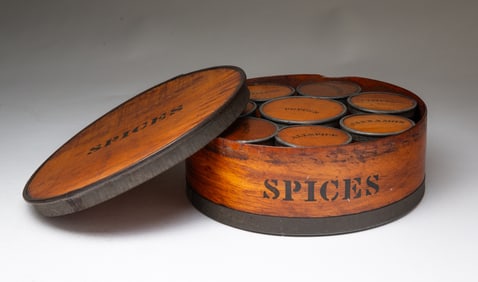 BENTWOOD SPICE BOX WITH EIGHT SPICE CANISTERS.
