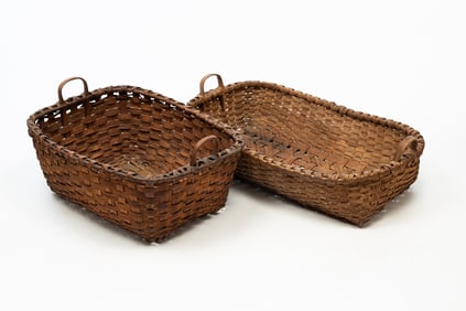 TWO LARGE WOVEN SPLINT HANDLED BASKETS.