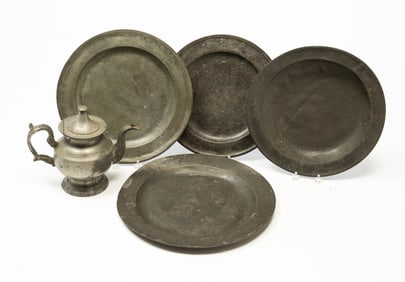 FIVE-PIECES OF AMERICAN PEWTER TABLEWARE.