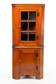 DIMINUTIVE AMERICAN PINE CORNER CUPBOARD.