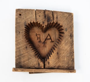 AMERICAN HEART-FORM MAPLE SUGAR MOLD WITH INITIALS.